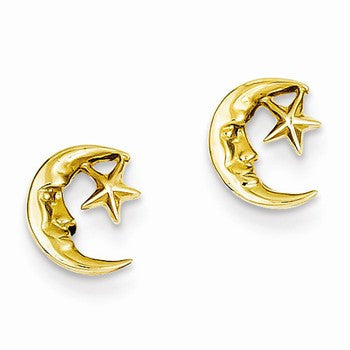 14k Yellow Gold Moon & Star Post Earrings