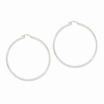 14k White Gold Diamond-cut 3.5x65mm Hollow Hoop Earrings