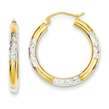 14k Yellow Gold Rhodium Diamond-cut 3x25mm Hoop Earrings