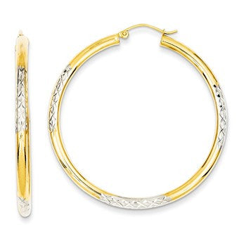 14k Yellow Gold Rhodium Diamond-cut 3x45mm Hoop Earrings