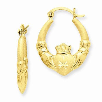 14k Yellow Gold Polished Satin Claddagh Hoop Earrings