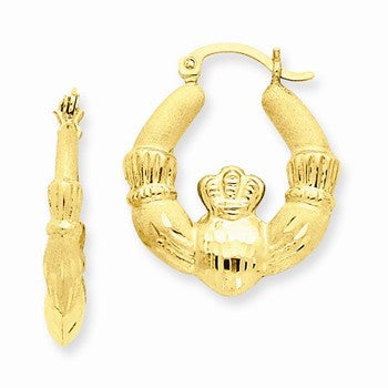 14k Yellow Gold Satin Claddagh Hoop Earrings