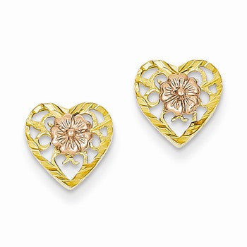 14k Two-tone Heart Flower Center Post Earrings