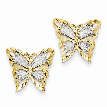 14k Yellow Gold Rhodium Diamond-cut Butterfly Post Earrings
