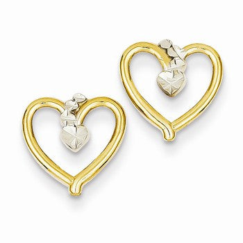 14k Yellow Gold Rhodium Diamond-cut Heart Post Earrings