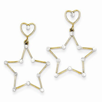 14k Yellow Gold Rhodium Diamond-cut Heart w/Dangle Star Post Earrings