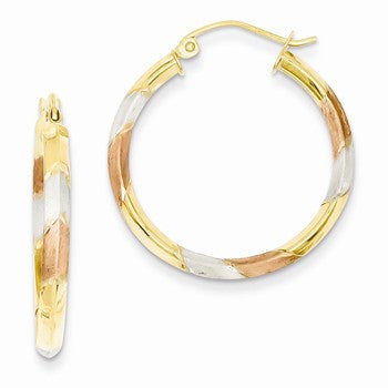 14k Yellow Gold with White & Rose Rhodium 2.8x25mm Hoop Earrings