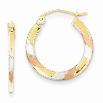 14k Yellow Gold with White & Rose Rhodium Diamond-cut 1.5x20mm Hoop Earrings