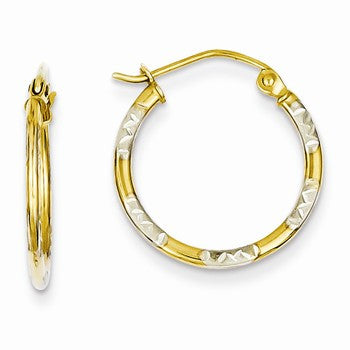 14k Yellow Gold Rhodium Diamond-cut Hoop Earrings