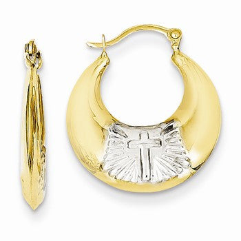 14k Yellow Gold Rhodium Cross Hollow Hoop Earrings