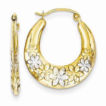 14k Yellow Gold Rhodium Hollow Flowers Hoop Earrings
