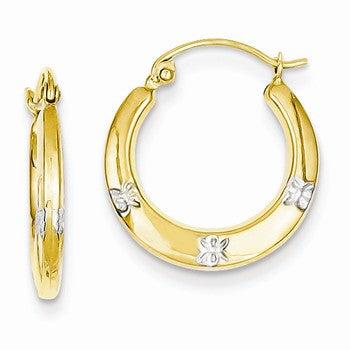 14k Yellow Gold Rhodium Flowers Hollow Hoop Earrings