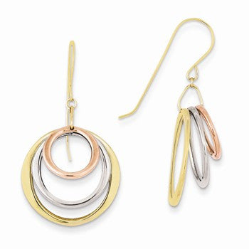 14k Tri-color Circle Dangle Shepherd Hook Earrings