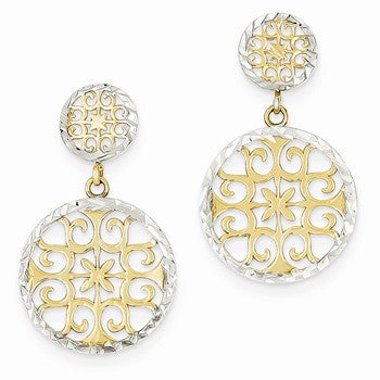 14k Yellow Gold Rhodium Diamond-cut Circles Dangle Post Earrings