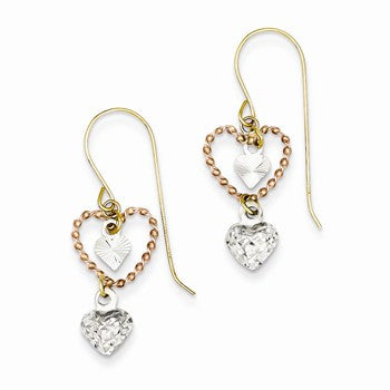 14k Tri-color Diamond-cut Heart Dangle Earrings