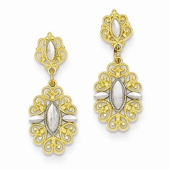 14k Yellow Gold Rhodium Plated Diamond-cut Fancy Post Earrings