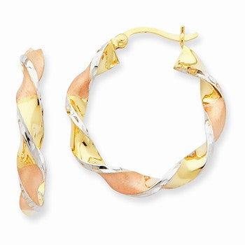 14k Yellow Gold Rhodium Twisted Hoop Earrings