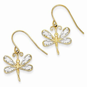 14k Yellow Gold Rhodium Diamond-cut Dragonfly Shepherd Hook Earrings