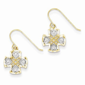 14k Yellow Gold Polished Cross w/Rhodium Hearts Dangle Earrings