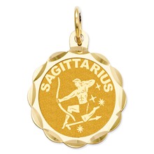 14k Gold Satin Polished Engravable Sagittarius Zodiac Scalloped Disc Charm hide-image