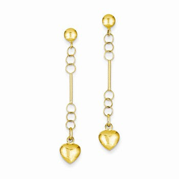 14k Yellow Gold Hollow, Polished, Puffed Heart Dangle Post Earrings