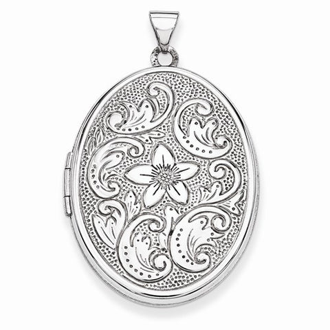 14k White Gold 32mm Oval Flower With Scrolls Locket
