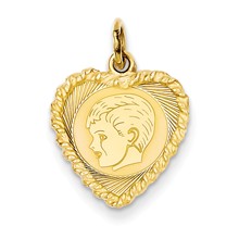 14k Gold Boy Head on .013 Gauge Engravable Heart with Rope Disc Charm hide-image