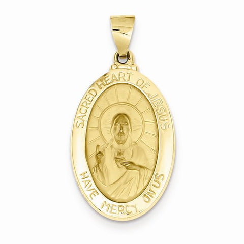 14k Gold Polished and Satin Sacred Heart of Jesus Medal pendant, Gorgeous Pendants for Necklace