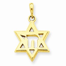 14k Gold Solid Polished Chai in Star of David Charm hide-image