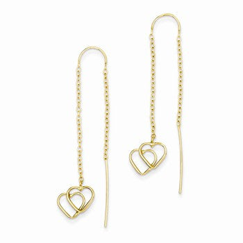 14k Yellow Gold Double Heart Threader Earrings