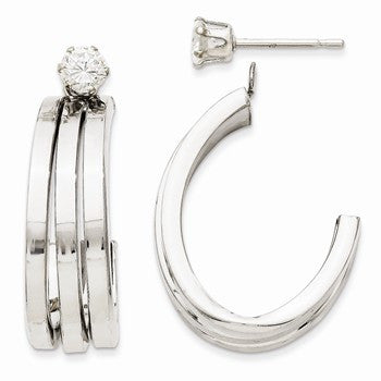 14k White Gold Polished J Hoop with 4mm CZ Stud Earring Jackets