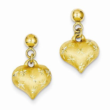 14k Yellow Gold Satin Diamond-cut Puffed Heart Dangle Post Earrings