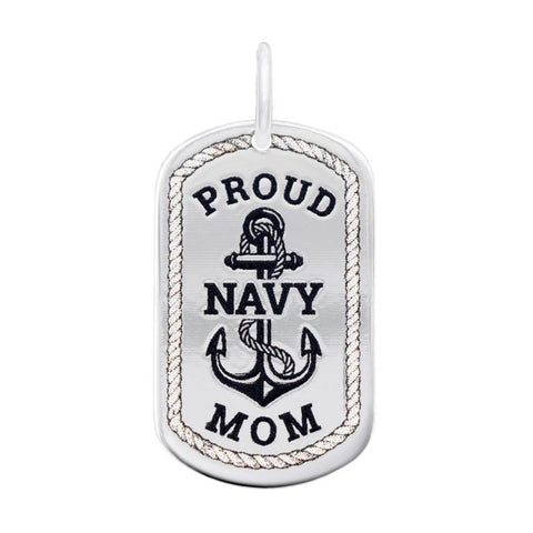 Proud Navy Mom Dog Tag Charm In Sterling Silver