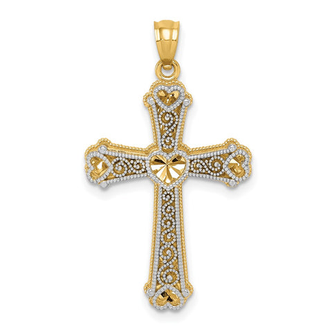14k Gold Two-tone Hearts Cross Pendant