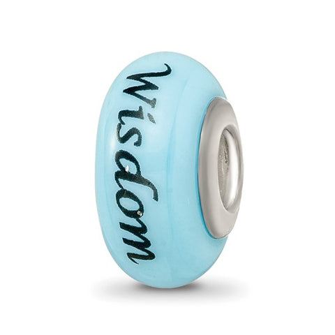 Blue Hand Painted Wisdom Owl Glass Charm Bead in Sterling Silver