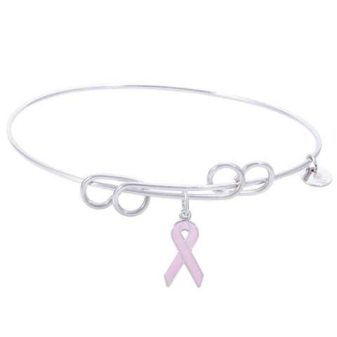 Sterling Silver Carefree Bangle Bracelet With Breast Cancer Ribbon Charm
