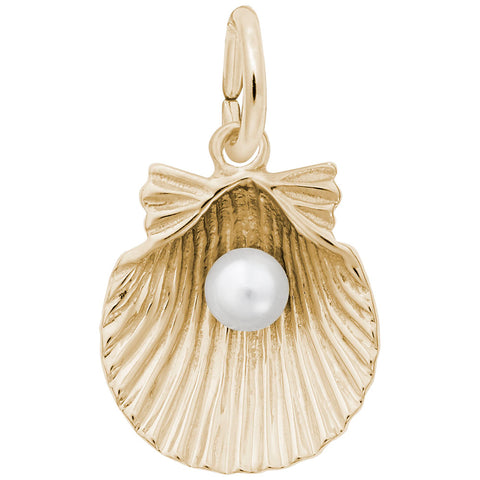 Shell With Pearl Charm In Yellow Gold