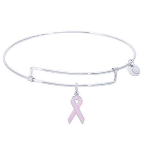 Sterling Silver Pure Bangle Bracelet With Breast Cancer Ribbon Charm