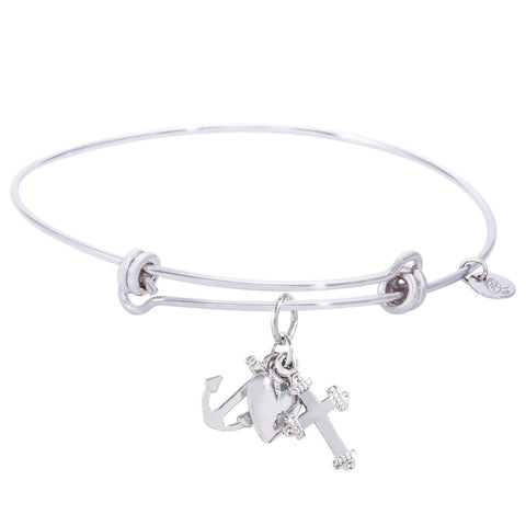 Sterling Silver Balanced Bangle Bracelet With Faith,Hope,Charity Charm