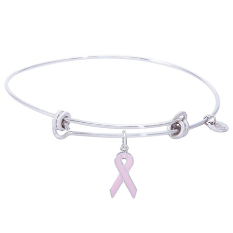 Sterling Silver Balanced Bangle Bracelet With Breast Cancer Ribbon Charm