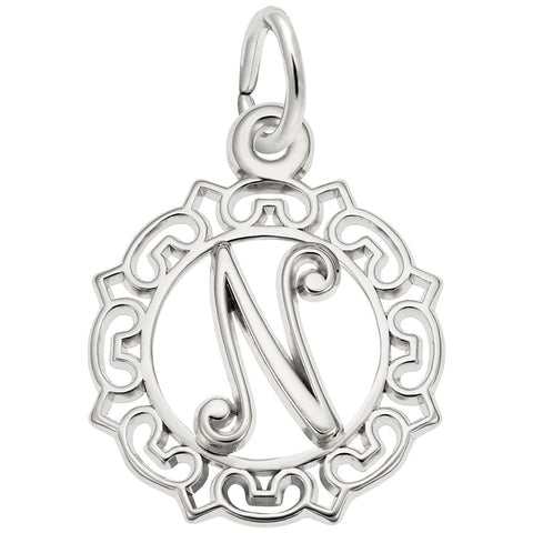 Initial N Charm In 14K White Gold