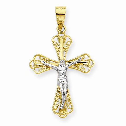 10k Yellow Gold & Rhodium Filigree Crucifix pendant, Pretty Pendants for Necklace