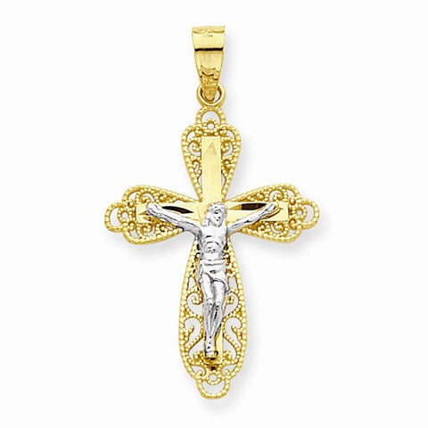 10k Yellow Gold & Rhodium Filigree Crucifix Pendant, Gorgeous Pendants for Necklace