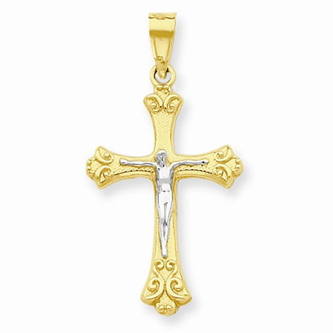 10k Yellow Gold & Rhodium Fleur de Lis Crucifix pendant, Exquisite Pendants for Necklace