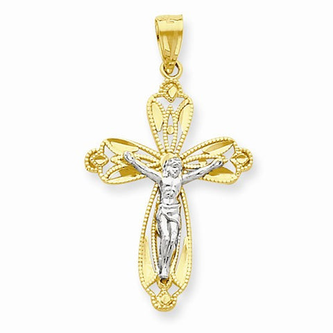 10k Yellow Gold & Rhodium Diamond-Cut Crucifix pendant, Beautiful Pendants for Necklace