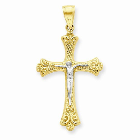 10k Yellow Gold & Rhodium Fleur de Lis Crucifix pendant, Fine Pendants for Necklace