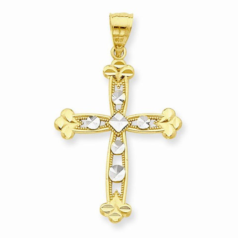 10k Yellow Gold & Rhodium Budded Cross pendant, Pretty Pendants for Necklace