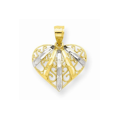 10k Yellow Gold & Rhodium Diamond-Cut Filigree Heart Pendant, Pendants for Necklace
