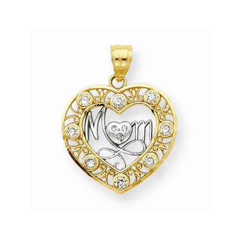 10k Yellow Gold & Rhodium CZ Mom Heart Pendant, Pendants for Necklace