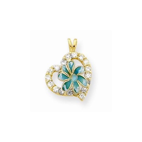 10k Yellow Gold Enamel Flower & CZ Heart Pendant, Pendants for Necklace
